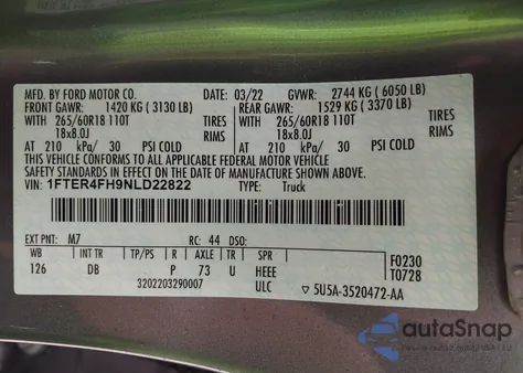 2022 Ford Ranger Lariat from USA, damaged, VIN 1FTER4FH9NLD22822